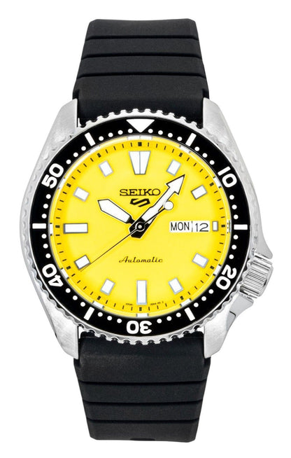 Seiko 5 Sports SKX Automatic movement Yellow Silicone Male SRPL87K1. A brand-new Seiko 5 Sports watch featuring a Yellow dial and a Silicone strap. Side view.