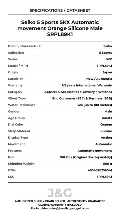 Seiko 5 Sports SKX Automatic movement Orange Silicone Male SRPL89K1 - Specifications