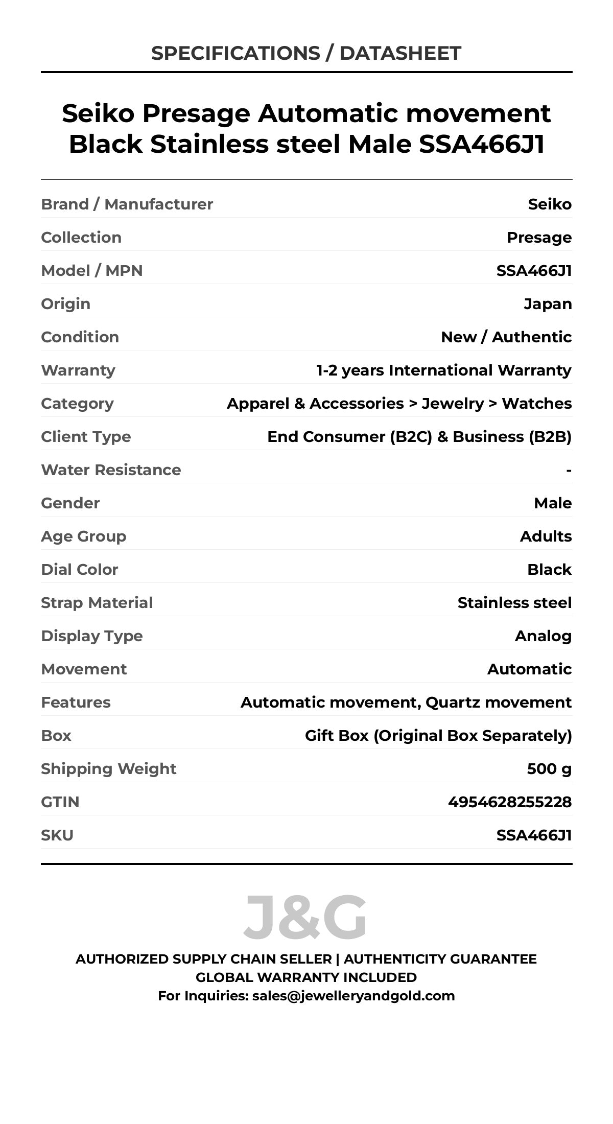 Seiko Presage Automatic movement Black Stainless steel Male SSA466J1 - Specifications