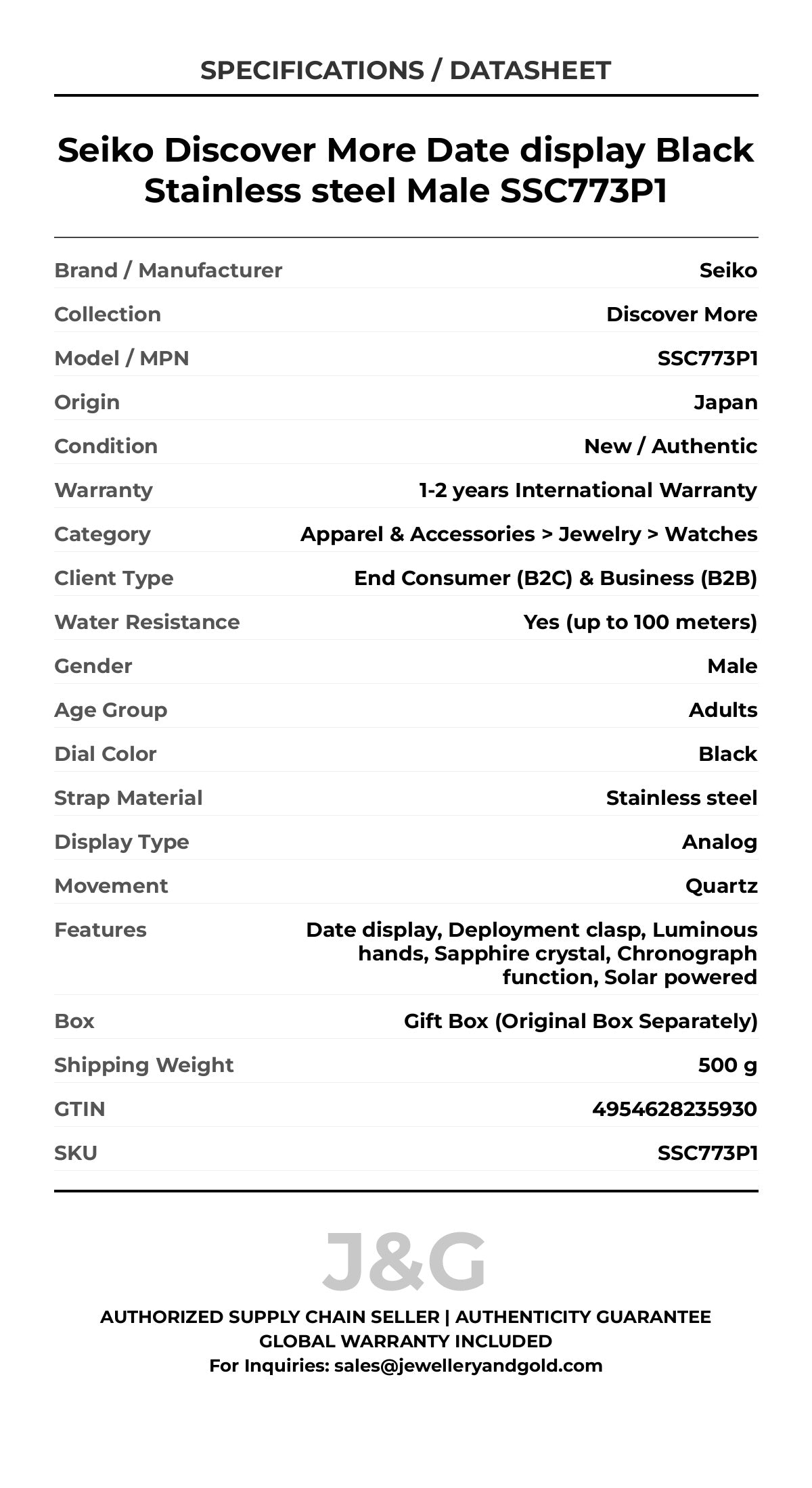 Seiko Discover More Date display Black Stainless steel Male SSC773P1 - Specifications