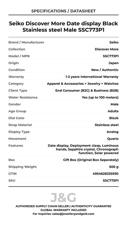 Seiko Discover More Date display Black Stainless steel Male SSC773P1 - Specifications