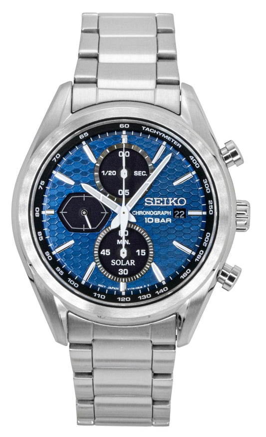 Seiko Chronograph function Blue Stainless steel Male SSC801P1. A brand-new Seiko watch featuring a Blue dial and a Stainless steel strap. Side view.