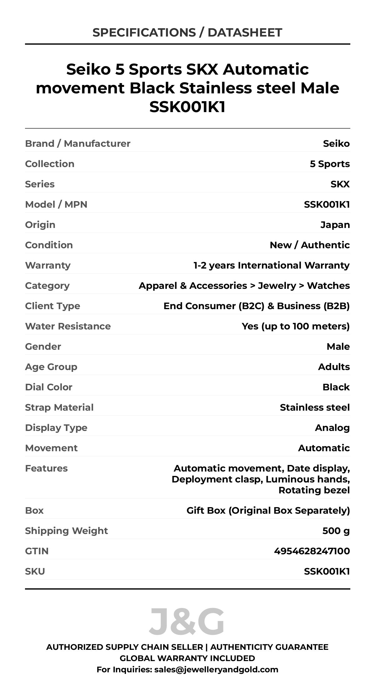 Seiko 5 Sports SKX Automatic movement Black Stainless steel Male SSK001K1 - Specifications