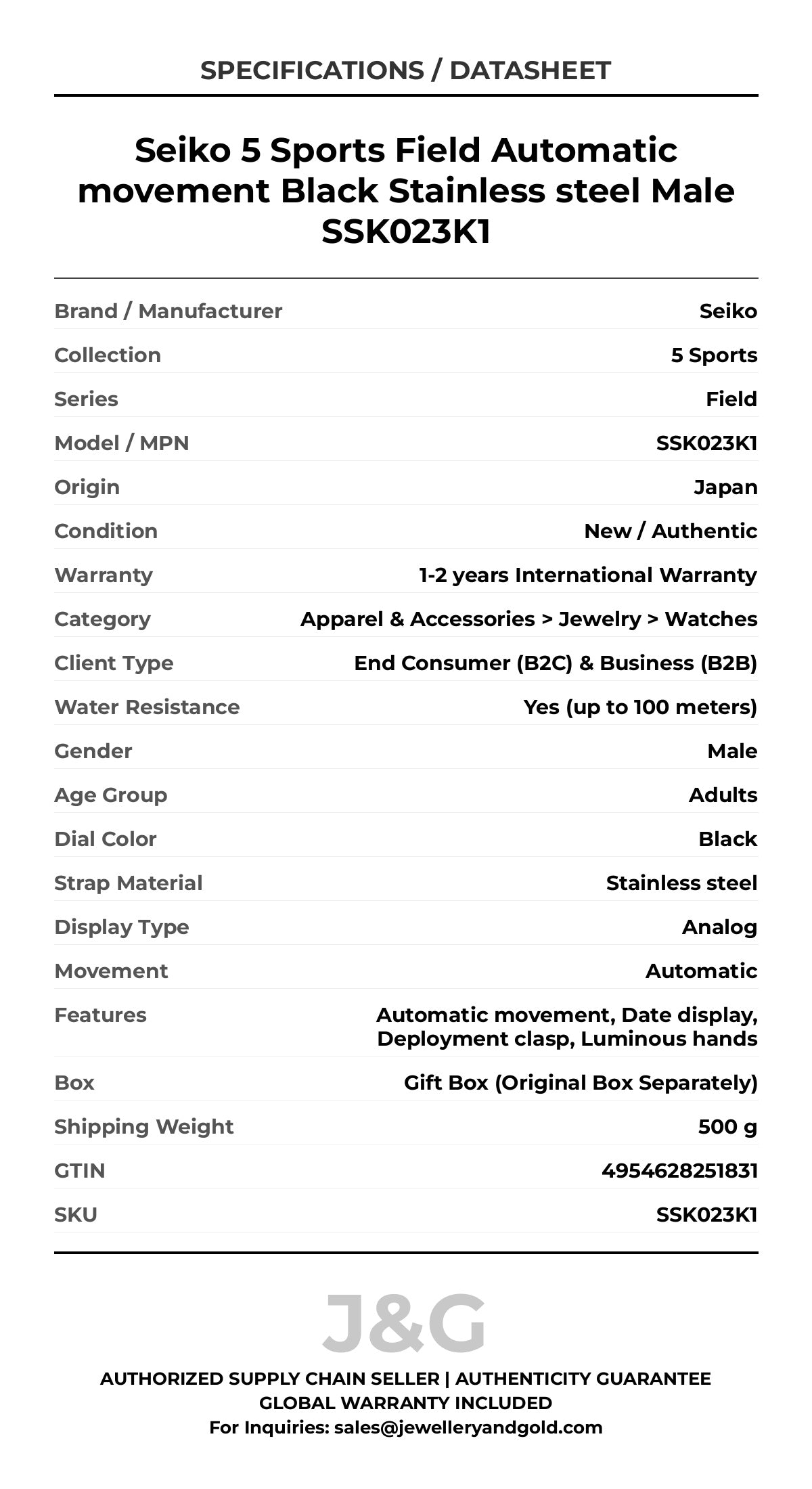 Seiko 5 Sports Field Automatic movement Black Stainless steel Male SSK023K1 - Specifications