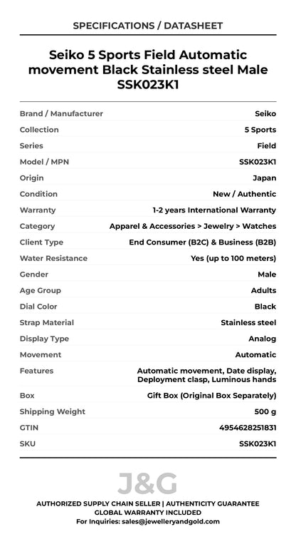 Seiko 5 Sports Field Automatic movement Black Stainless steel Male SSK023K1 - Specifications