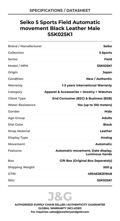 Seiko 5 Sports Field Automatic movement Black Leather Male SSK025K1 - Specifications