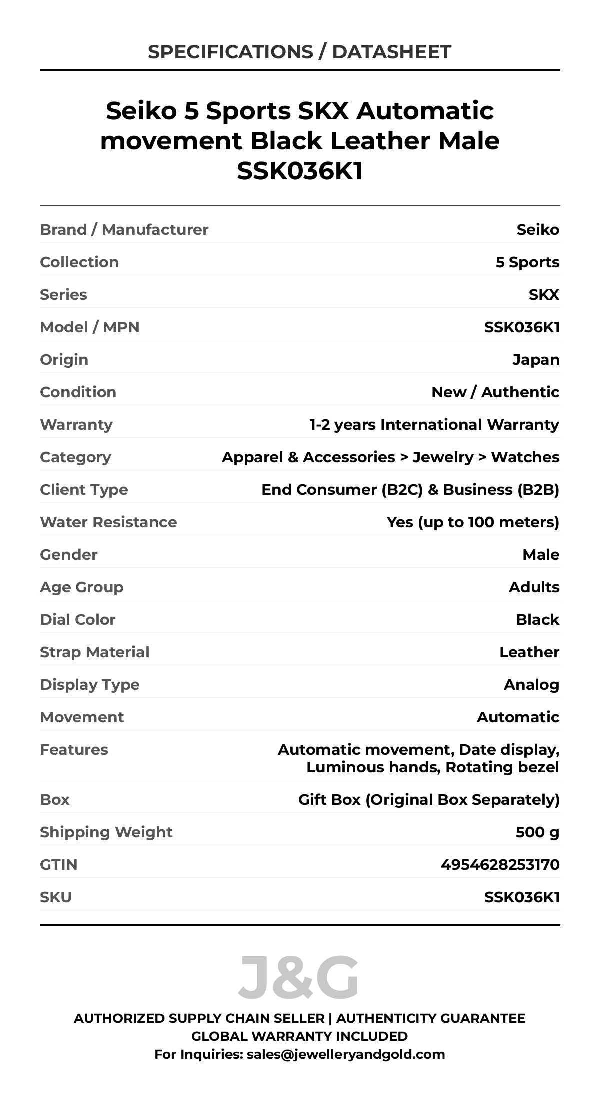 Seiko 5 Sports SKX Automatic movement Black Leather Male SSK036K1 - Specifications