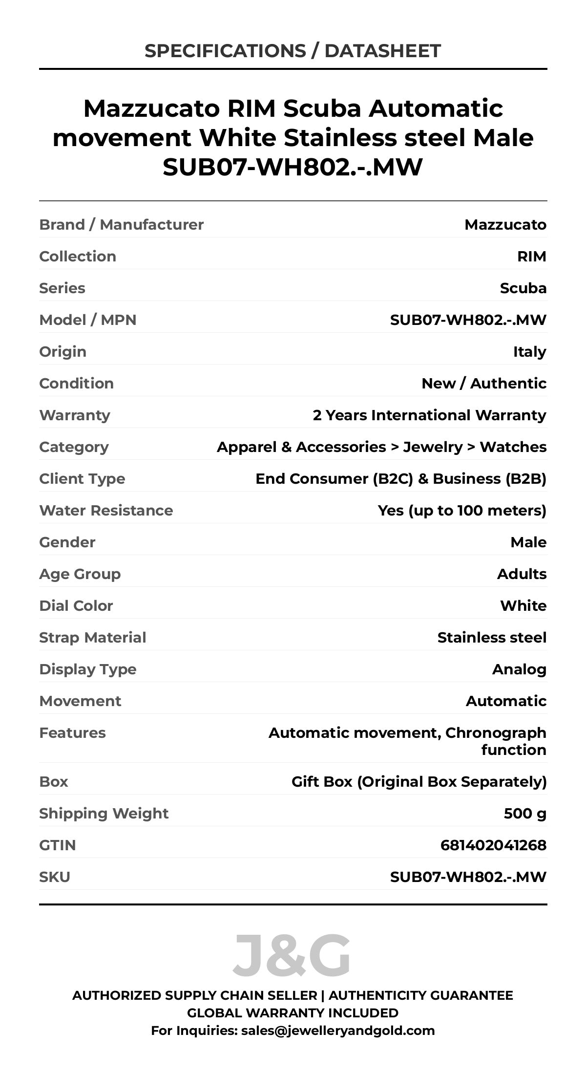 Mazzucato RIM Scuba Automatic movement White Stainless steel Male SUB07-WH802.-.MW - Specifications