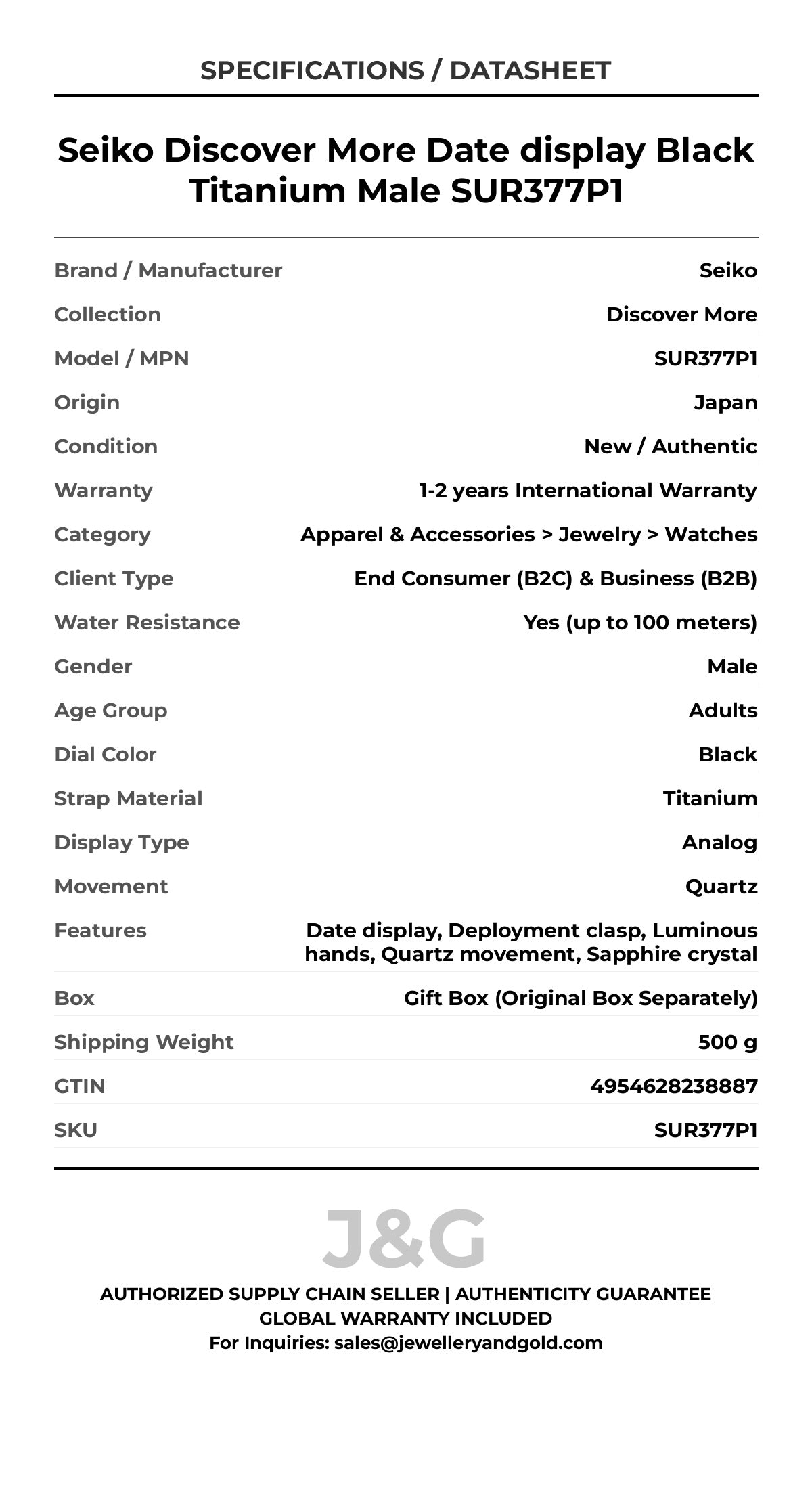 Seiko Discover More Date display Black Titanium Male SUR377P1 - Specifications