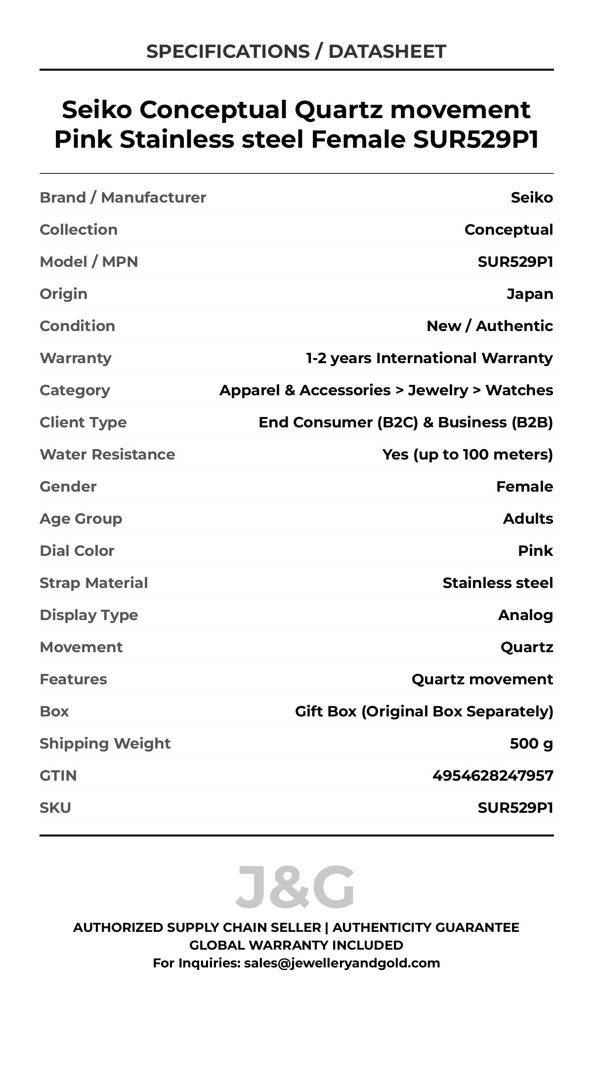 Seiko Conceptual Quartz movement Pink Stainless steel Female SUR529P1 - Specifications