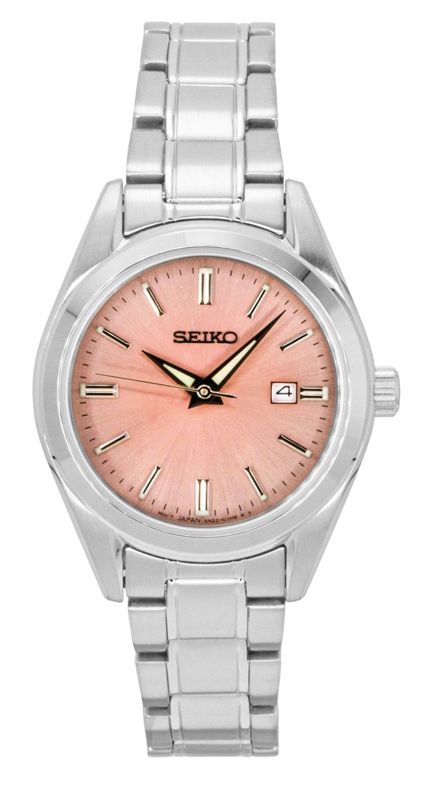 Seiko Conceptual Quartz movement Pink Stainless steel Female SUR529P1. A brand-new Seiko Conceptual watch featuring a Pink dial and a Stainless steel strap. Side view.