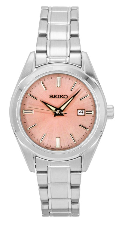Seiko Conceptual Quartz movement Pink Stainless steel Female SUR529P1. A brand-new Seiko Conceptual watch featuring a Pink dial and a Stainless steel strap. Side view.
