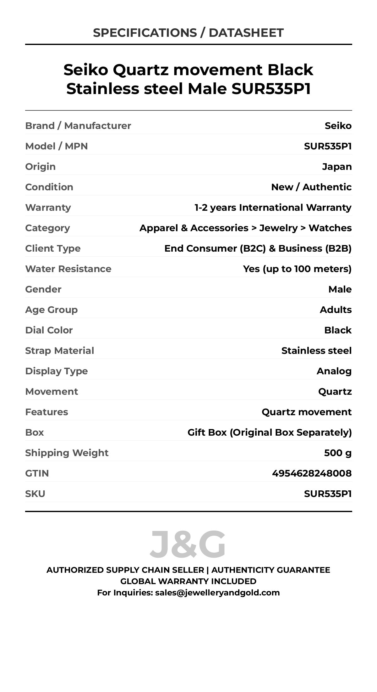 Seiko Quartz movement Black Stainless steel Male SUR535P1 - Specifications