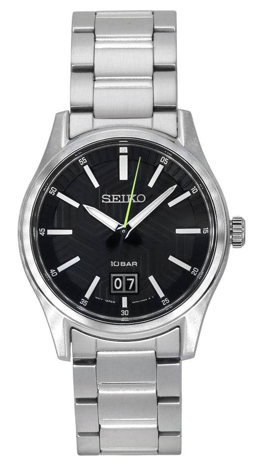 Seiko Quartz movement Black Stainless steel Male SUR535P1. A brand-new Seiko watch featuring a Black dial and a Stainless steel strap. Side view.