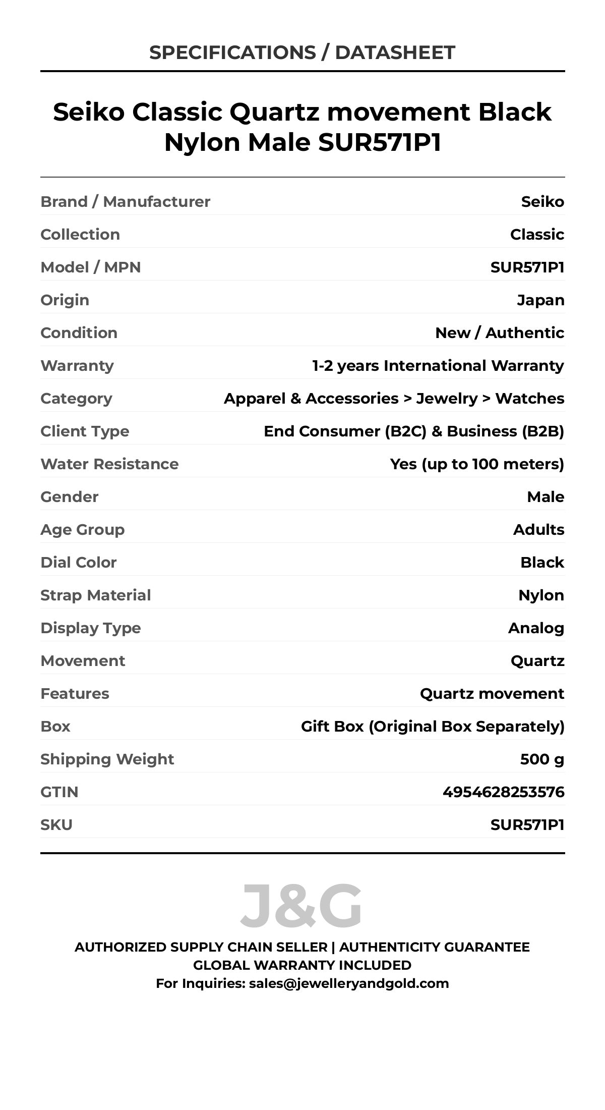 Seiko Classic Quartz movement Black Nylon Male SUR571P1 - Specifications