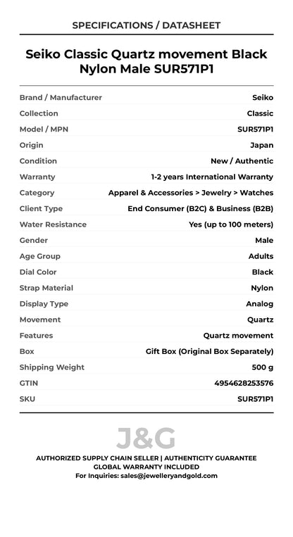 Seiko Classic Quartz movement Black Nylon Male SUR571P1 - Specifications