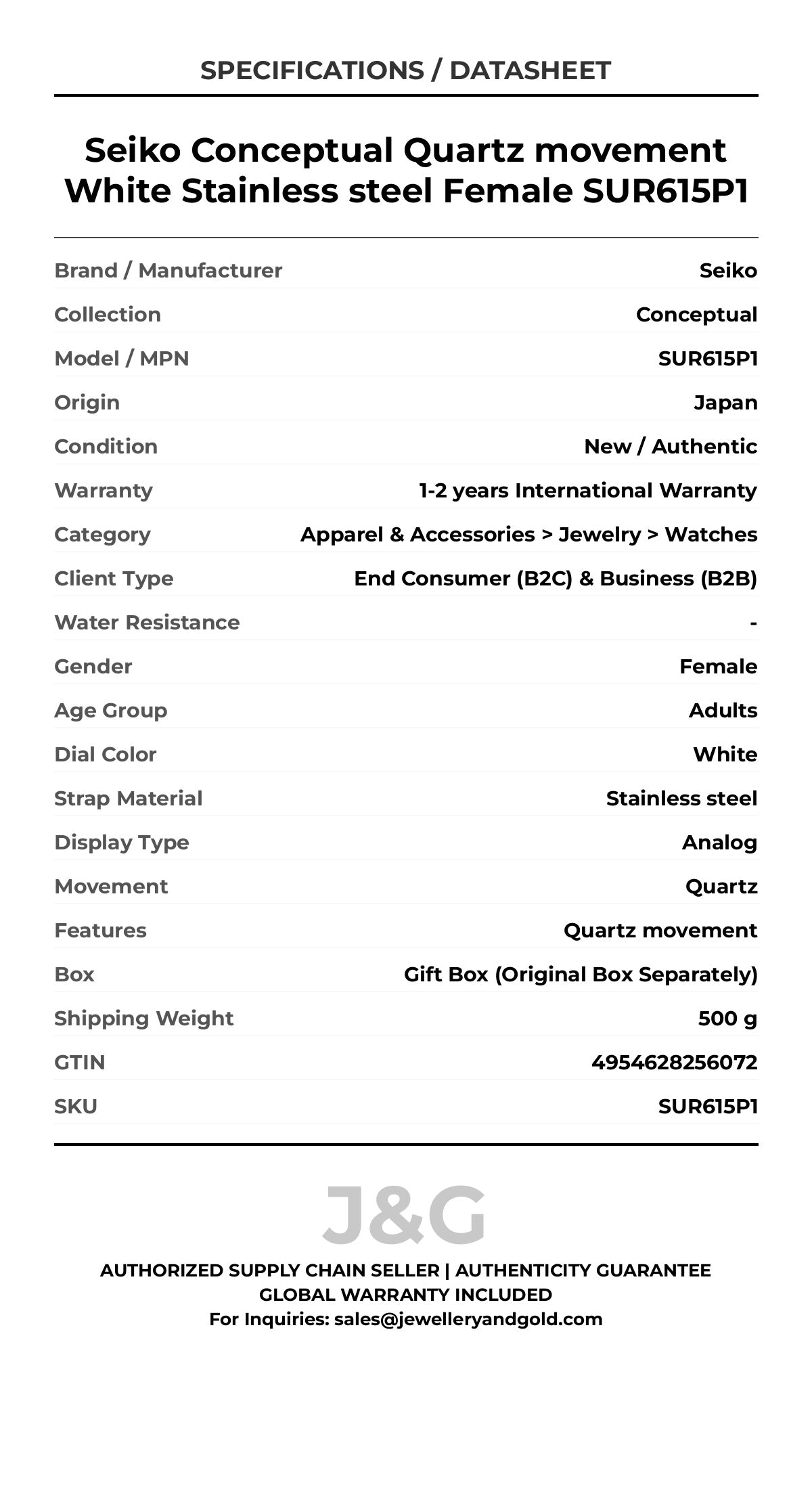 Seiko Conceptual Quartz movement White Stainless steel Female SUR615P1 - Specifications