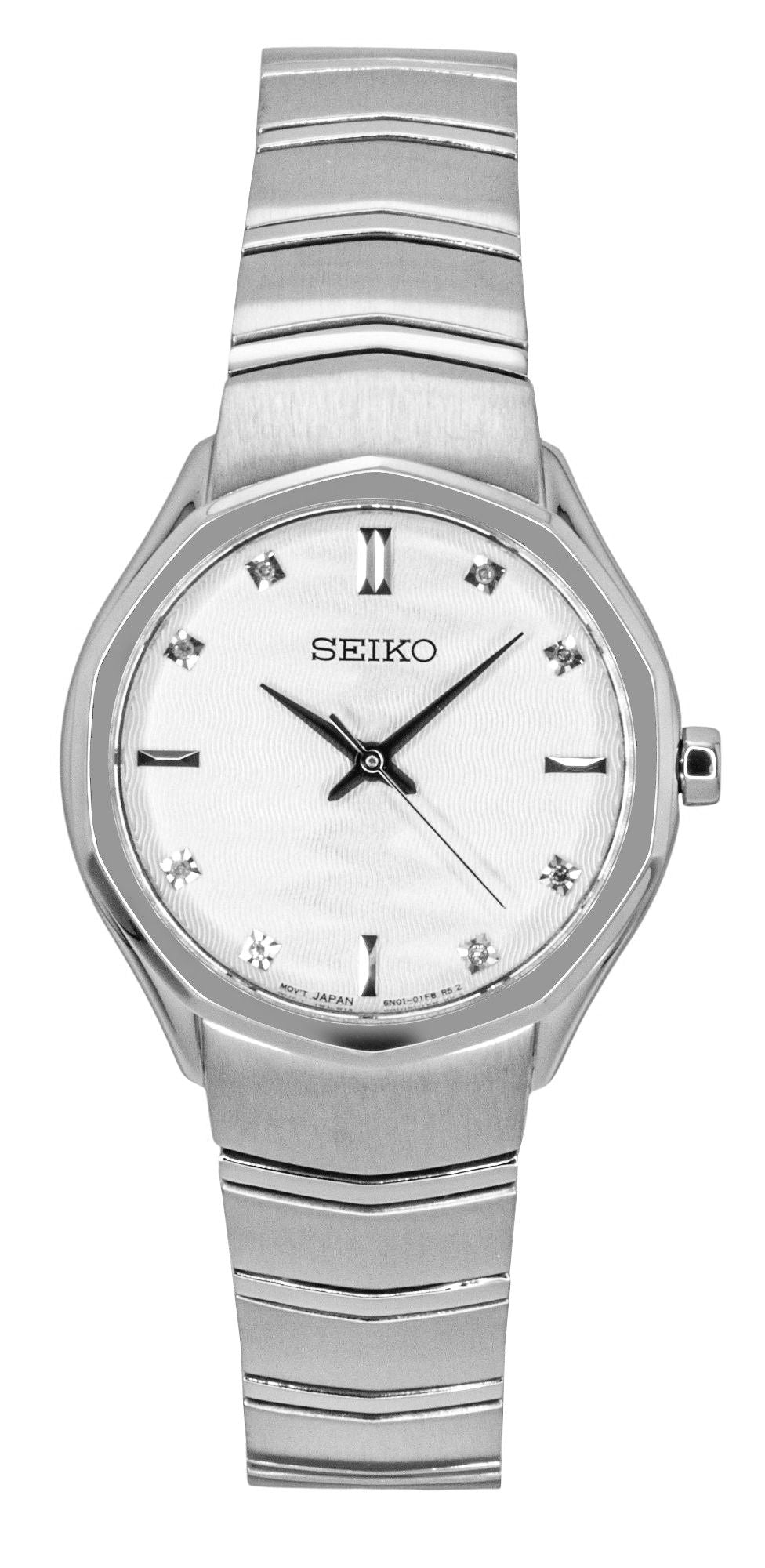 Seiko Conceptual Quartz movement White Stainless steel Female SUR615P1. A brand-new Seiko Conceptual watch featuring a White dial and a Stainless steel strap. Front view.