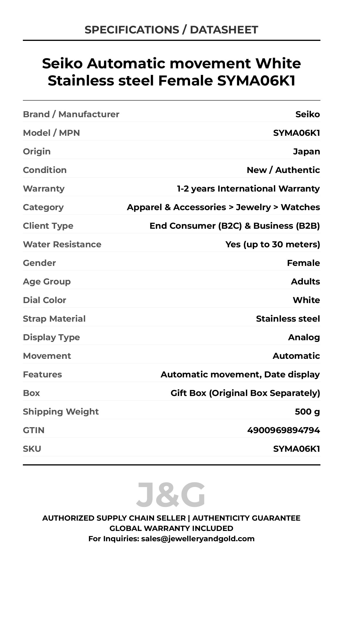 Seiko Automatic movement White Stainless steel Female SYMA06K1 - Specifications