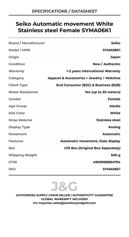 Seiko Automatic movement White Stainless steel Female SYMA06K1 - Specifications