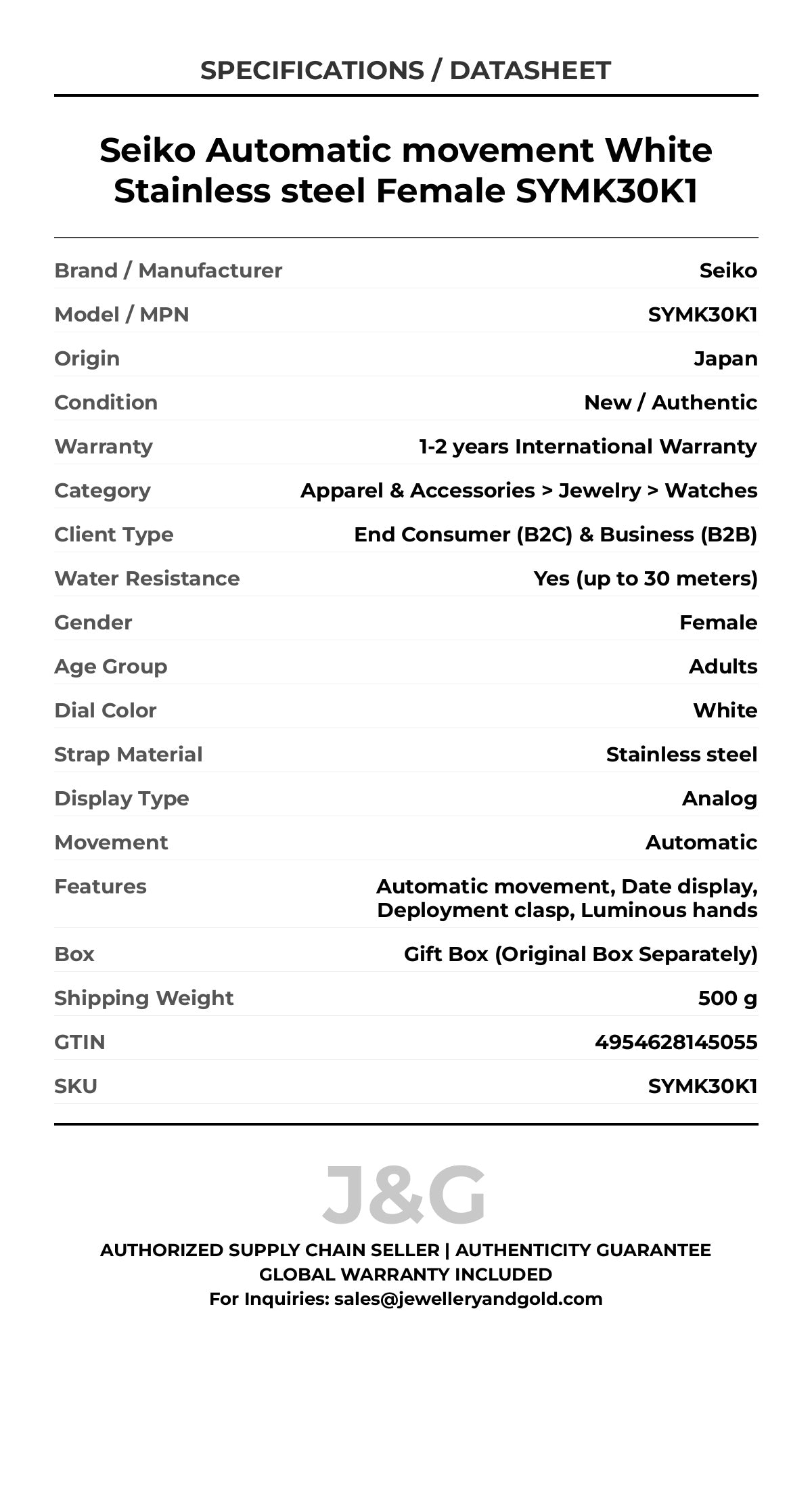 Seiko Automatic movement White Stainless steel Female SYMK30K1 - Specifications