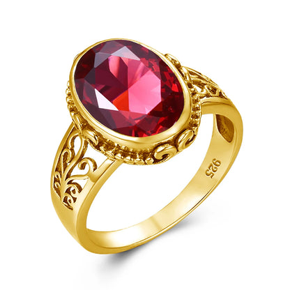 10x14mm Oval Garnet Statement Ring – 14K Gold Plated 925 Silver, Handmade Luxury Jewelry for Birthdays