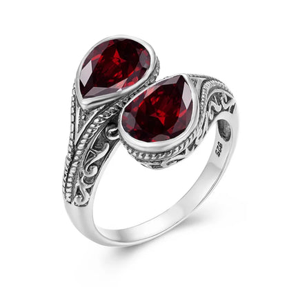 Gothic Tear Drop Garnet Ring – 925 Sterling Silver, Vintage Two-Stone Jewelry, Wife Anniversary Gift