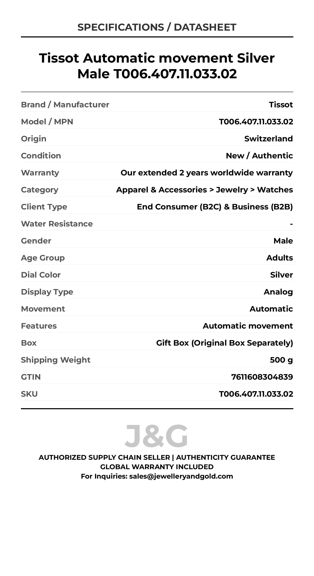 Tissot Automatic movement Silver Male T006.407.11.033.02 - Specifications