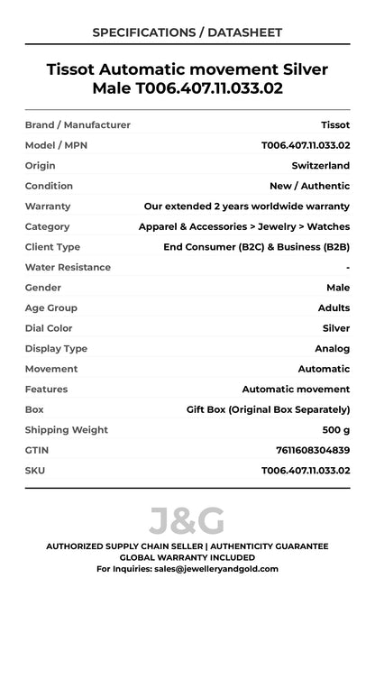 Tissot Automatic movement Silver Male T006.407.11.033.02 - Specifications