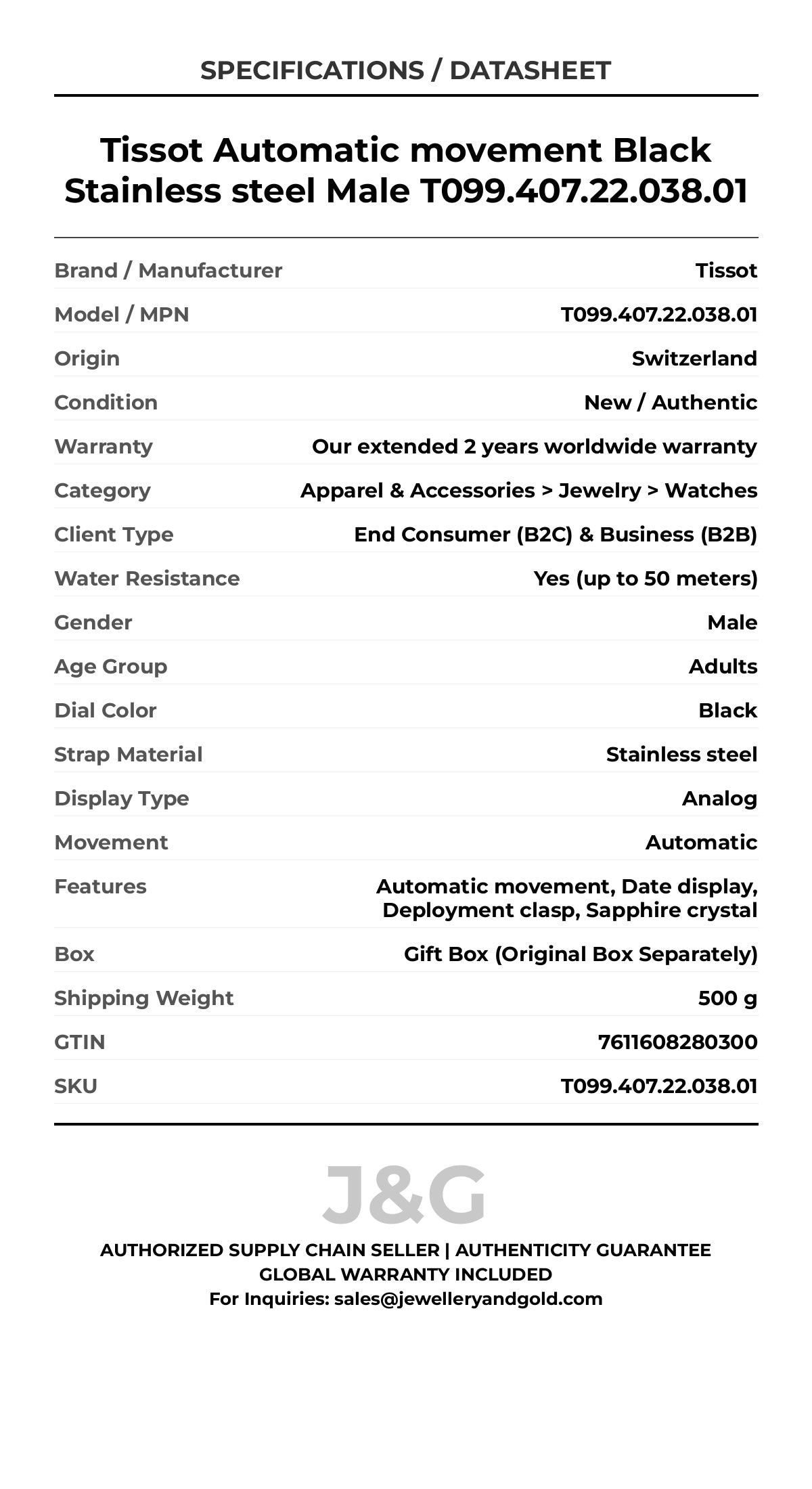 Tissot Automatic movement Black Stainless steel Male T099.407.22.038.01 - Specifications