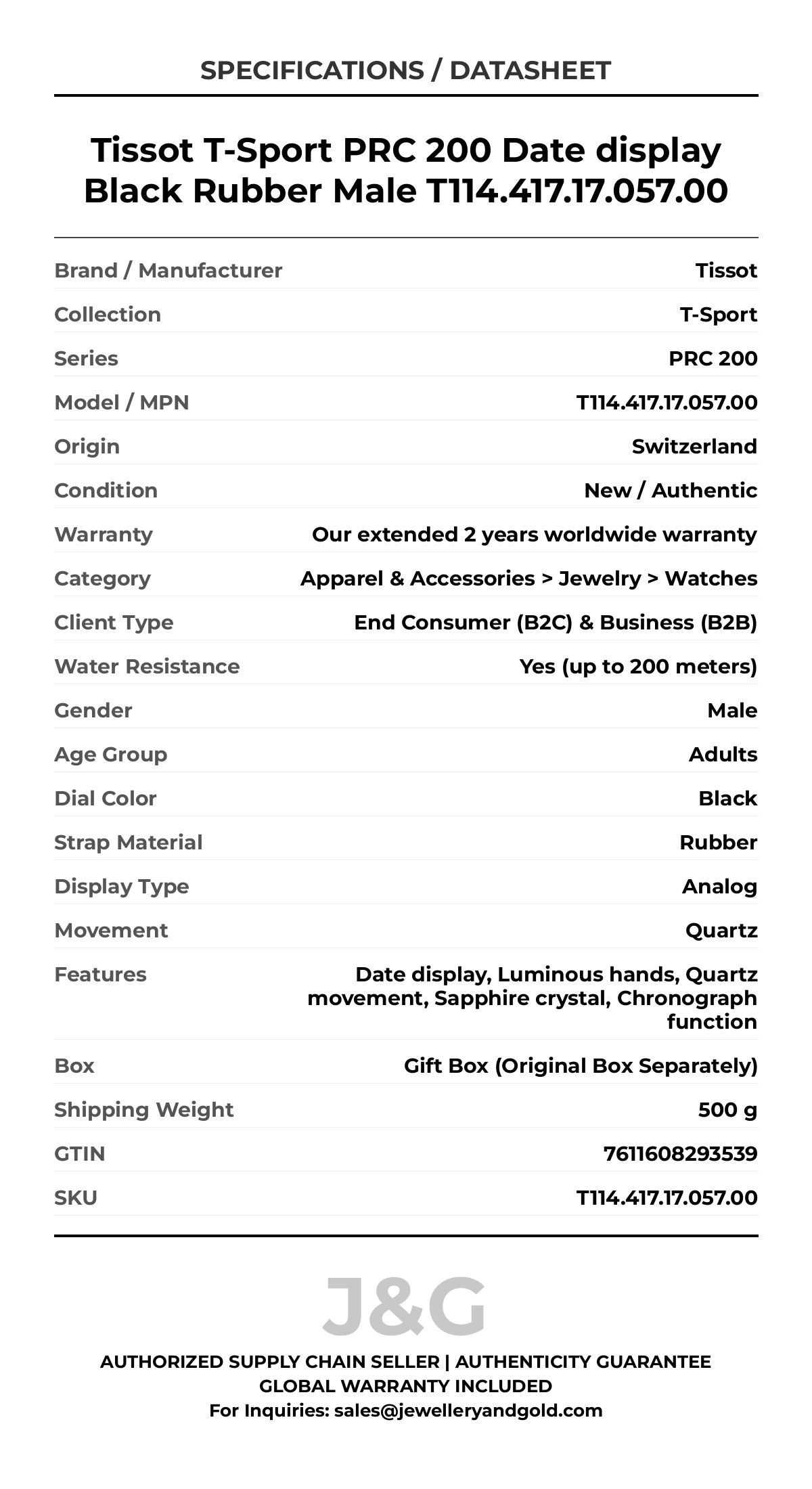 Tissot T-Sport PRC 200 Date display Black Rubber Male T114.417.17.057.00 - Specifications