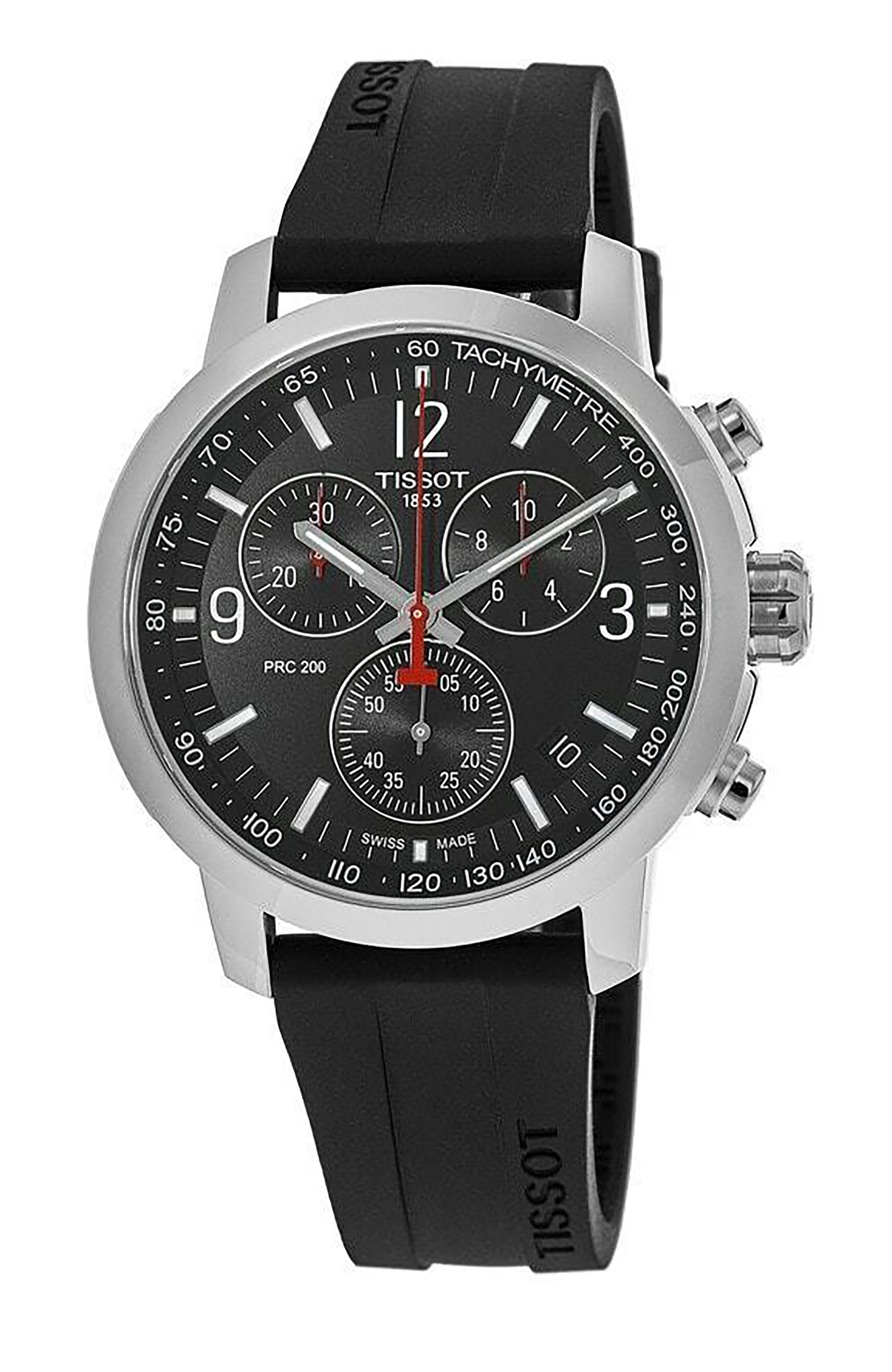 Tissot T-Sport PRC 200 Date display Black Rubber Male T114.417.17.057.00. A brand-new Tissot T-Sport watch featuring a Black dial and a Rubber strap. Angled view.