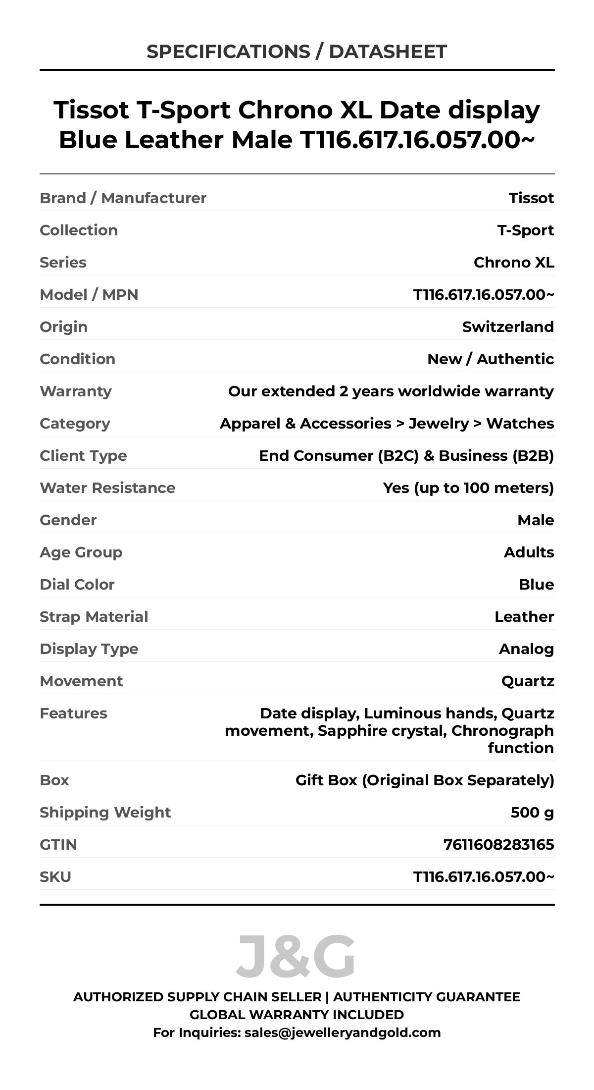 Tissot T-Sport Chrono XL Date display Blue Leather Male T116.617.16.057.00~ - Specifications