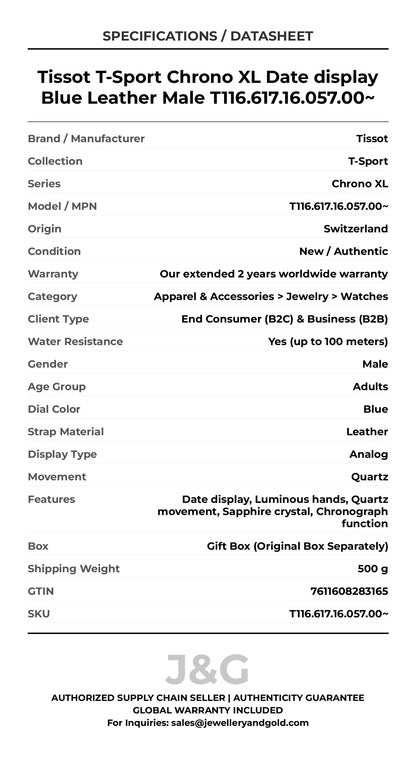 Tissot T-Sport Chrono XL Date display Blue Leather Male T116.617.16.057.00~ - Specifications
