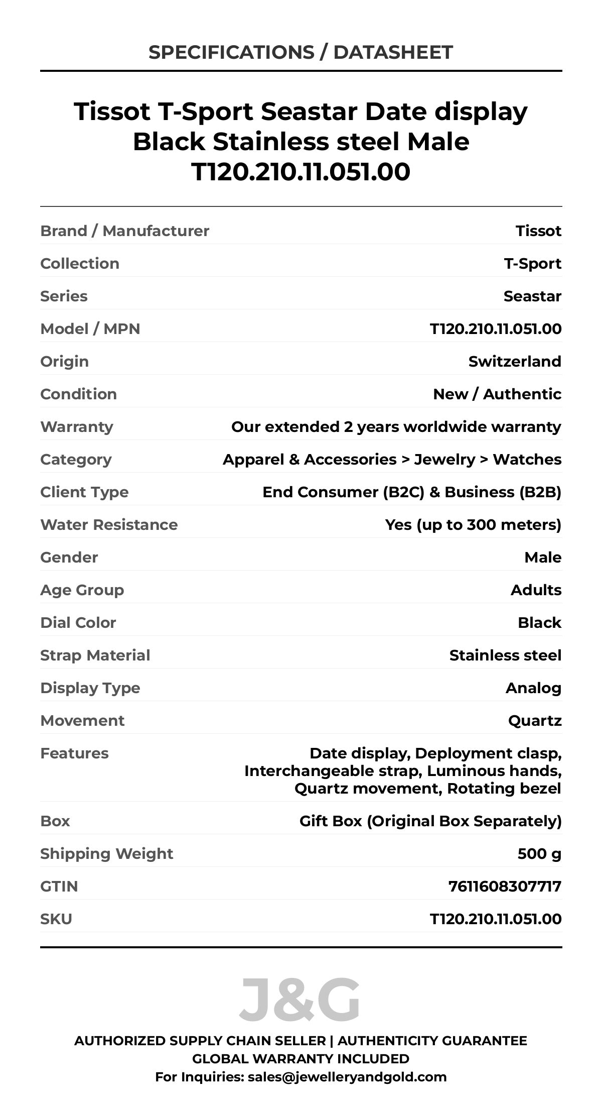 Tissot T-Sport Seastar Date display Black Stainless steel Male T120.210.11.051.00 - Specifications