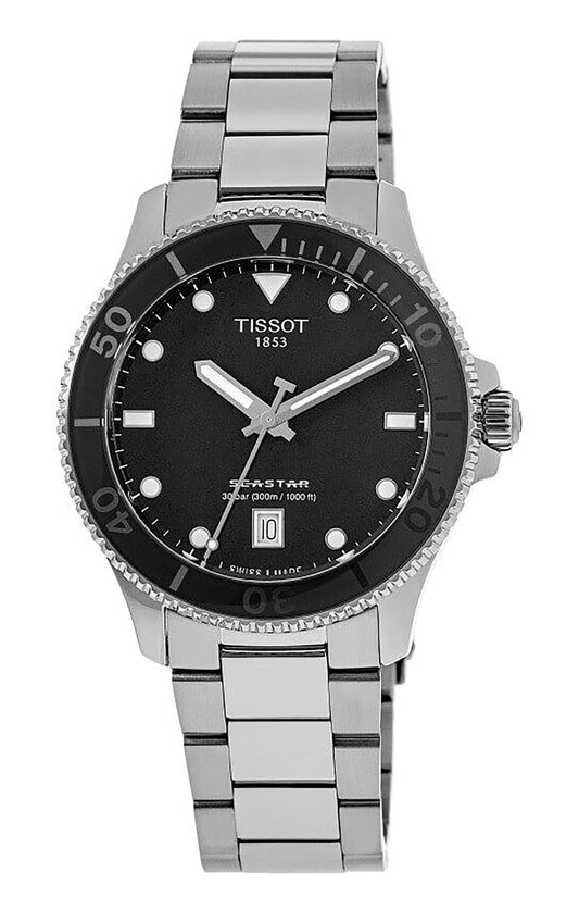 Tissot T-Sport Seastar Date display Black Stainless steel Male T120.210.11.051.00. A brand-new Tissot T-Sport watch featuring a Black dial and a Stainless steel strap. Front view.