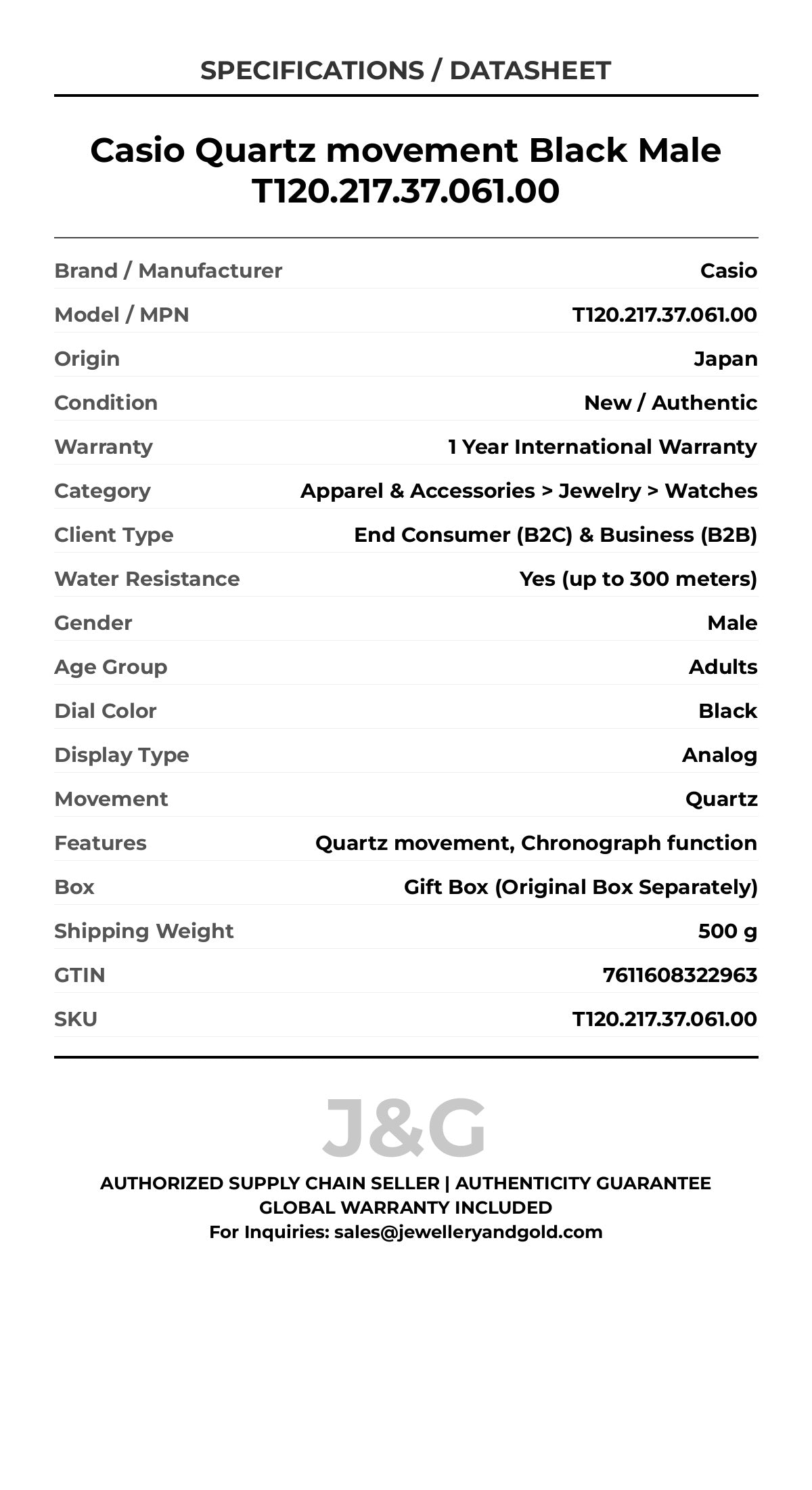 Casio Quartz movement Black Male T120.217.37.061.00 - Specifications