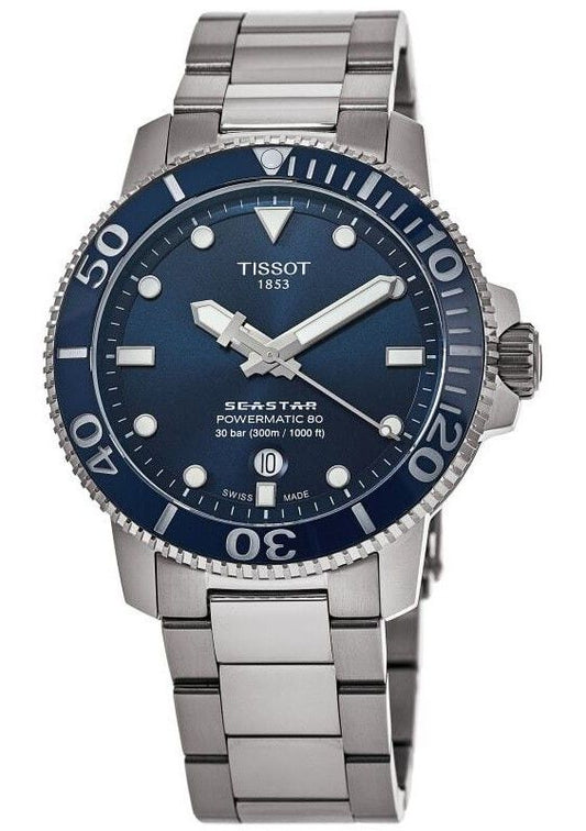 Tissot Automatic movement Blue Stainless steel Male T120.407.11.041.03. A brand-new Tissot watch featuring a Blue dial and a Stainless steel strap. Side view.