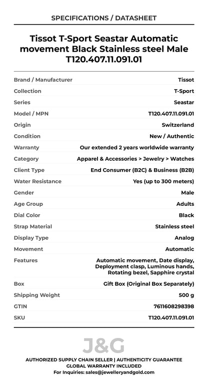 Tissot T-Sport Seastar Automatic movement Black Stainless steel Male T120.407.11.091.01 - Specifications