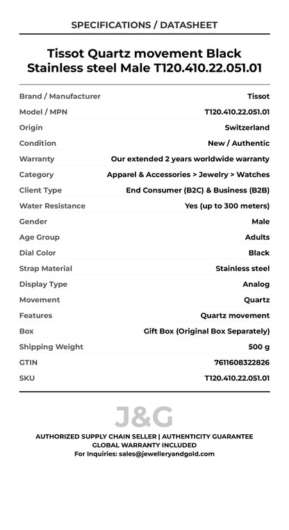 Tissot Quartz movement Black Stainless steel Male T120.410.22.051.01 - Specifications