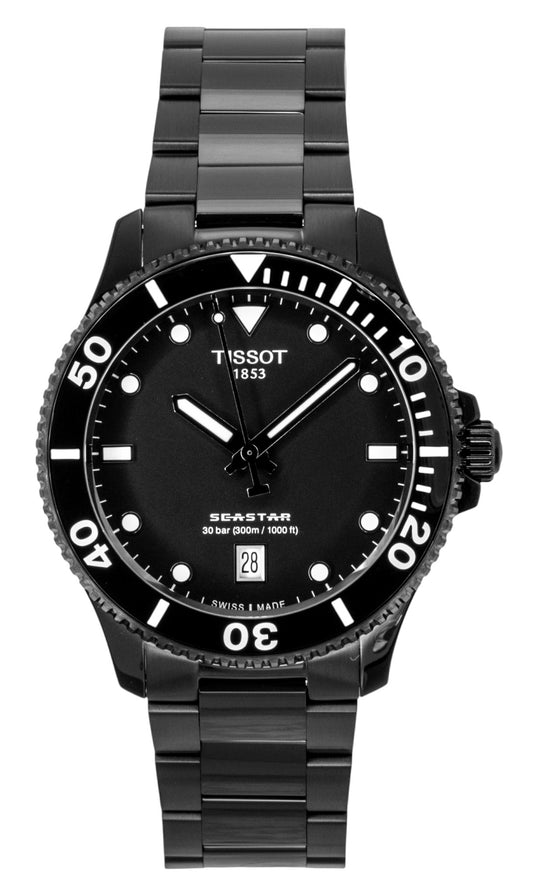 Tissot Quartz movement Black Stainless steel Male T120.410.33.051.00. A brand-new Tissot watch featuring a Black dial and a Stainless steel strap. Angled view.