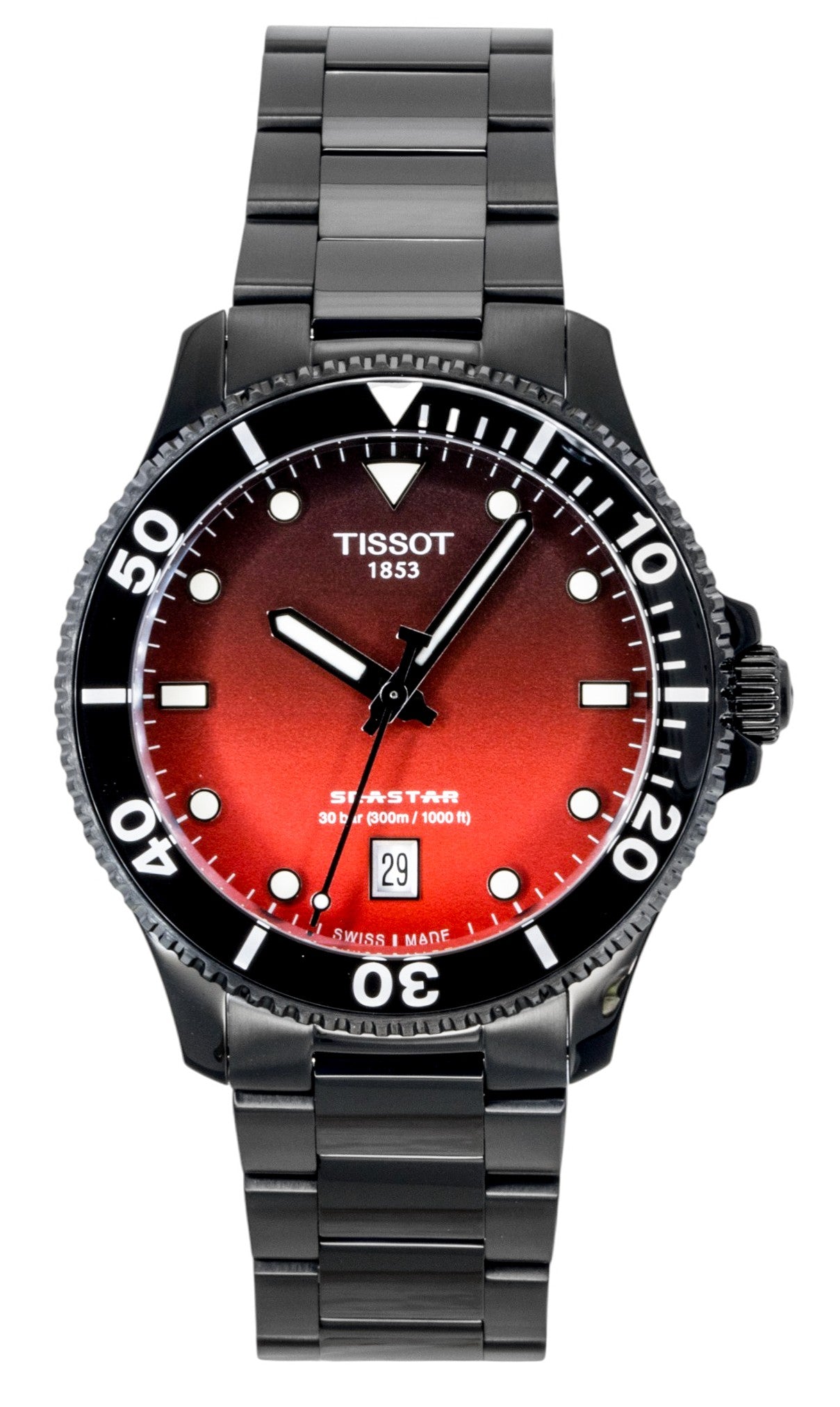 Tissot Quartz movement Black Stainless steel Male T120.410.33.421.00. A brand-new Tissot watch featuring a Black dial and a Stainless steel strap. Front view.