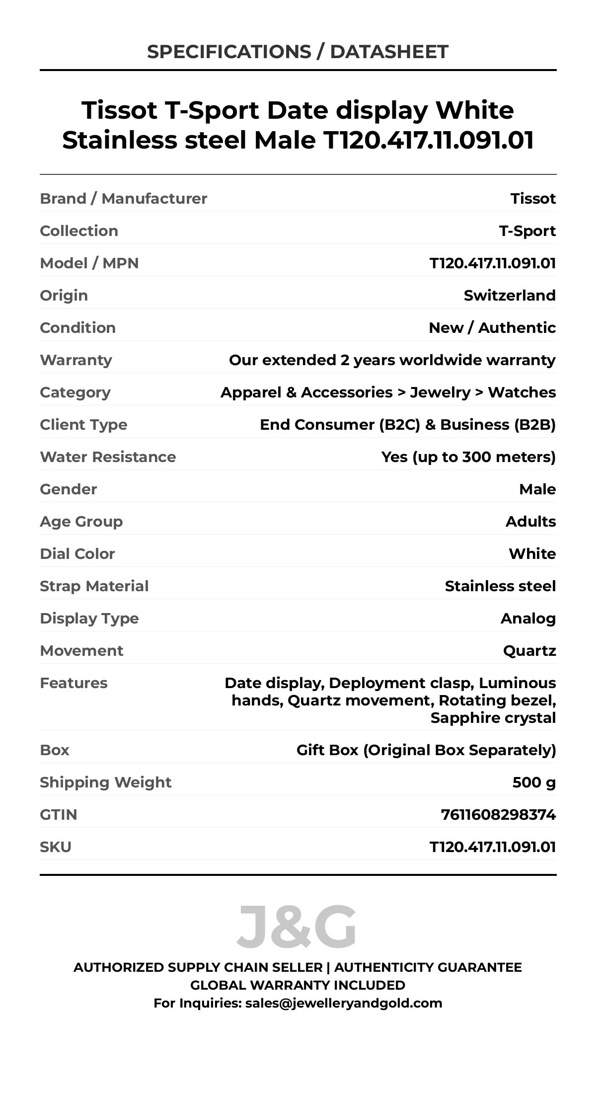 Tissot T-Sport Date display White Stainless steel Male T120.417.11.091.01 - Specifications