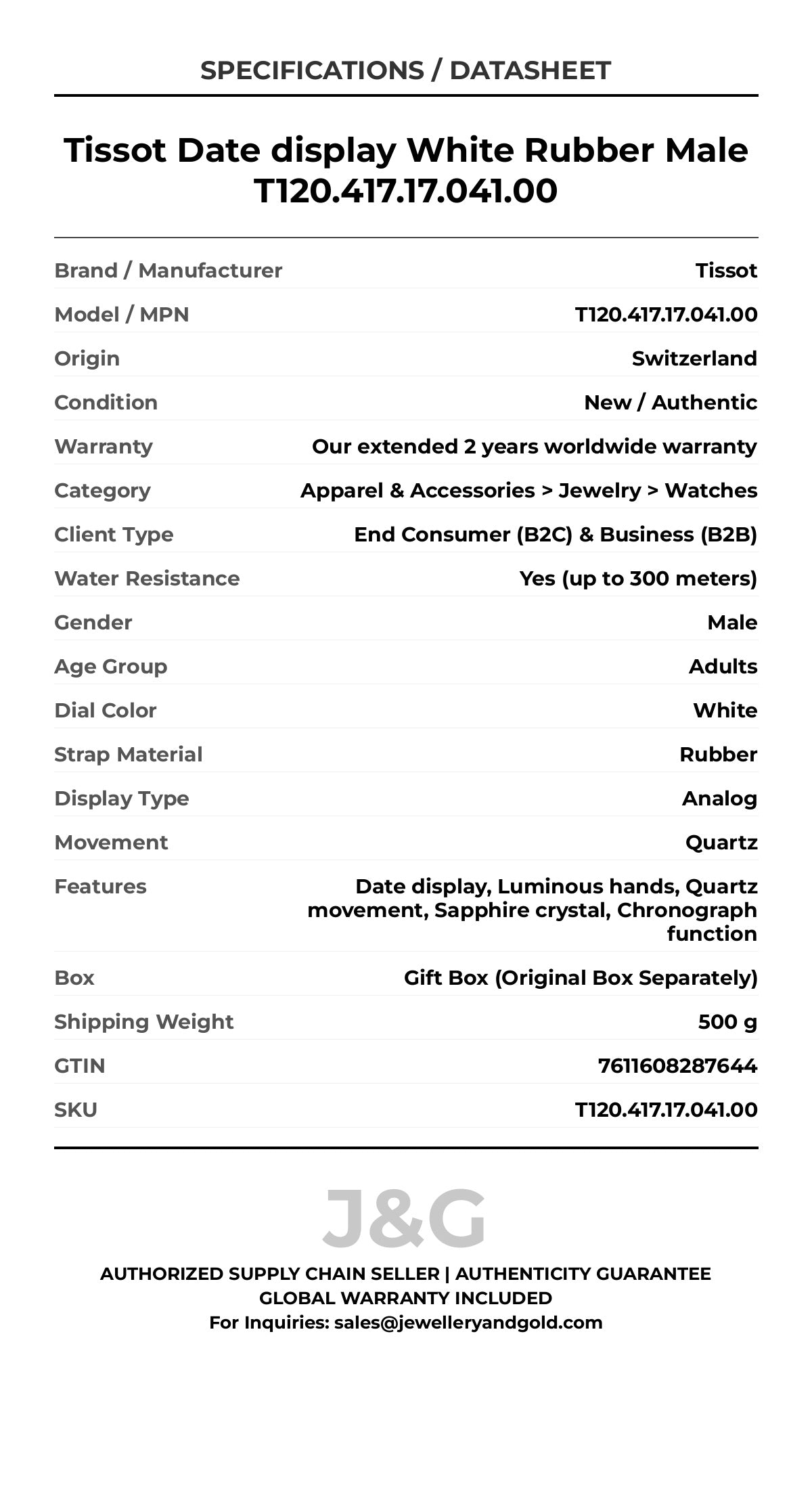 Tissot Date display White Rubber Male T120.417.17.041.00 - Specifications