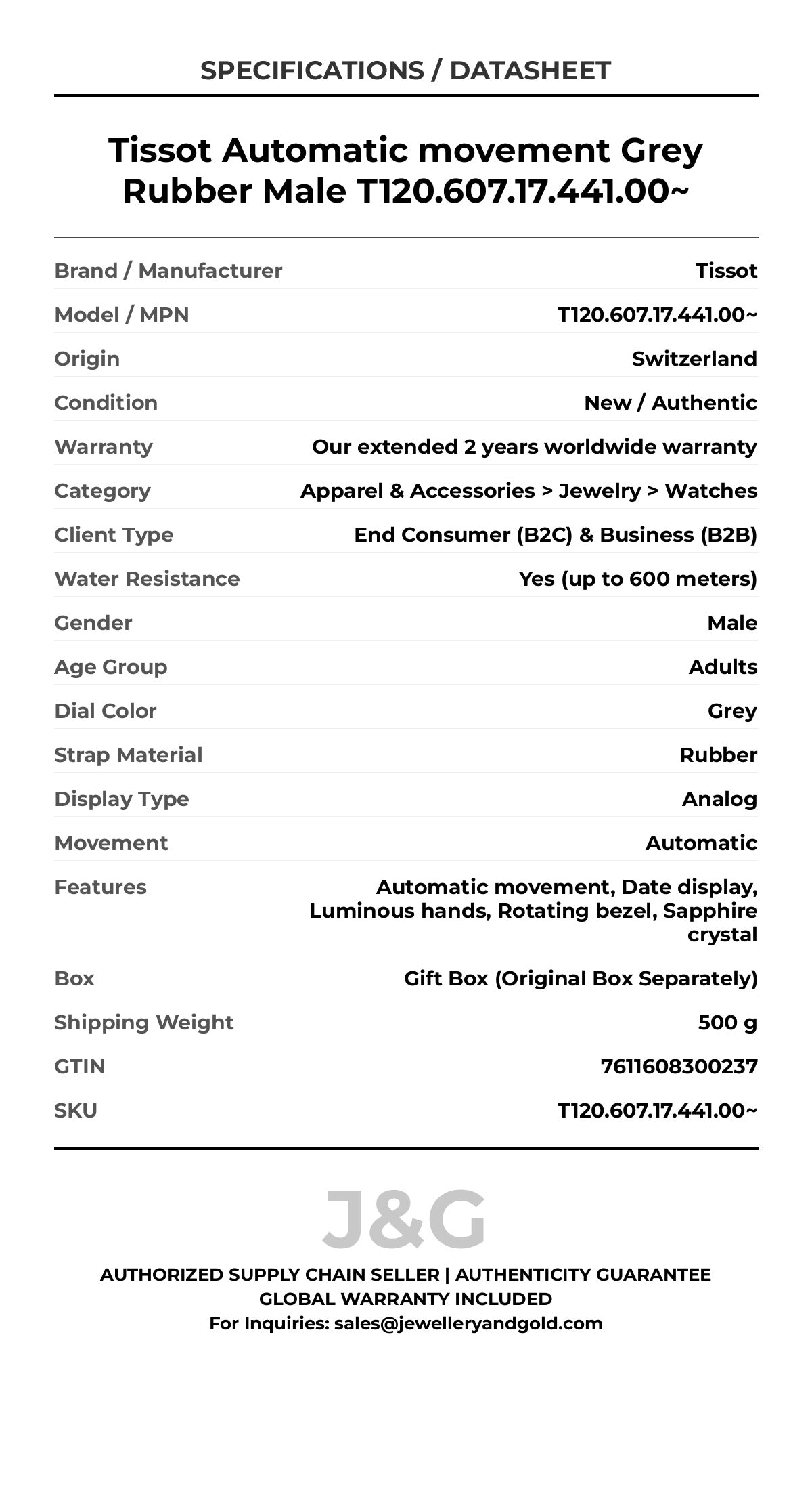 Tissot Automatic movement Grey Rubber Male T120.607.17.441.00~ - Specifications