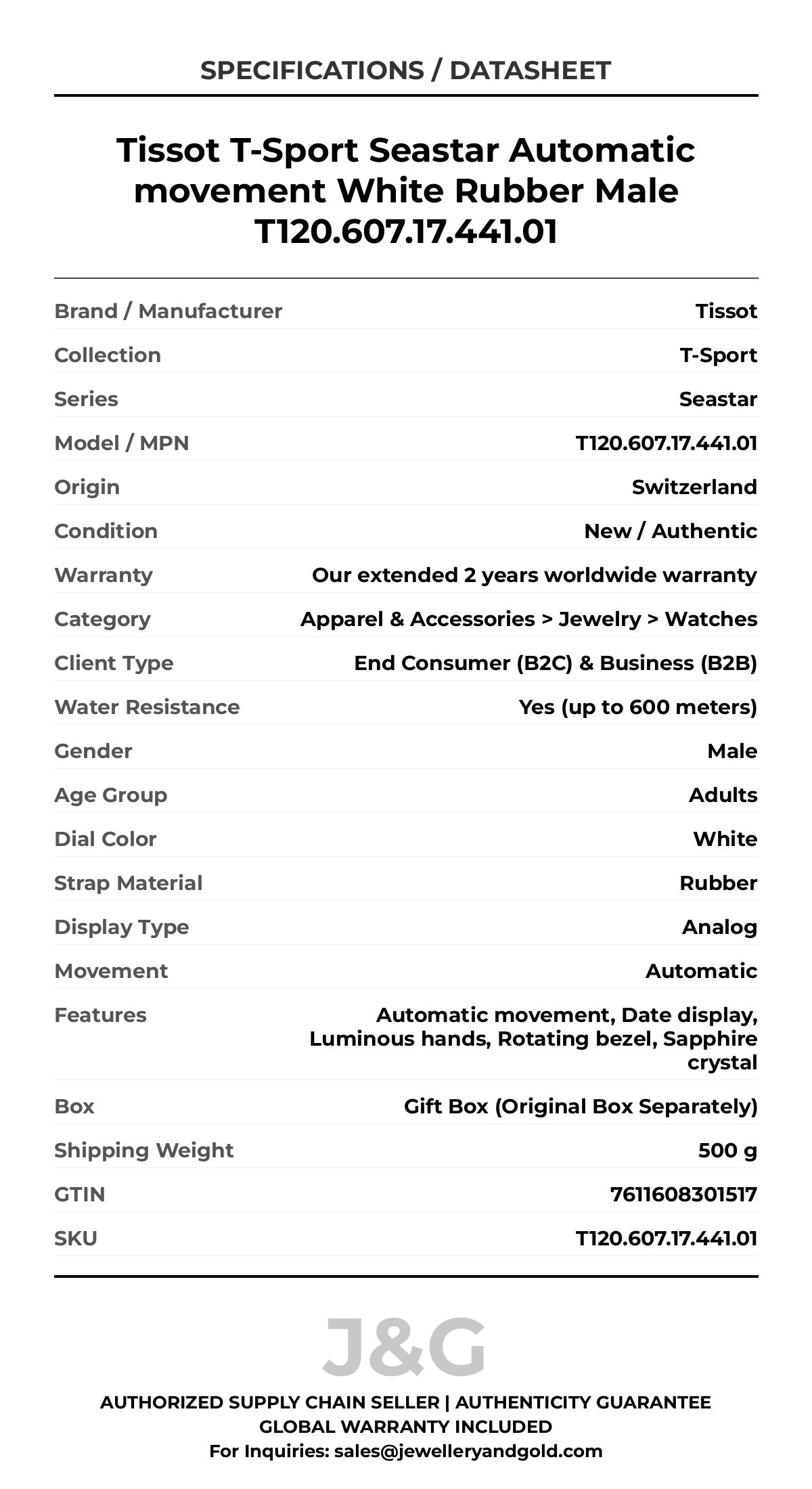 Tissot T-Sport Seastar Automatic movement White Rubber Male T120.607.17.441.01 - Specifications