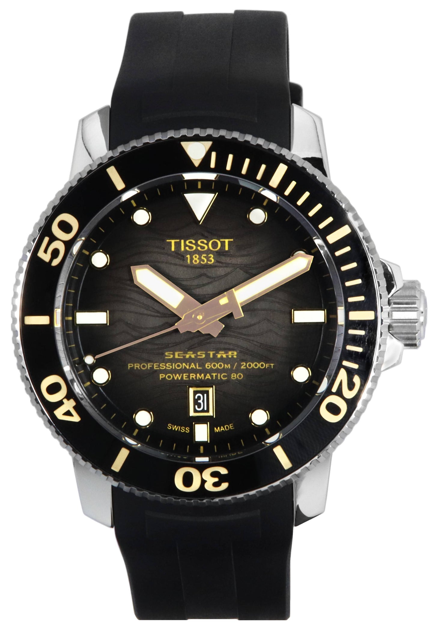 Tissot T-Sport Seastar Automatic movement White Rubber Male T120.607.17.441.01. A brand-new Tissot T-Sport watch featuring a White dial and a Rubber strap. Side view.
