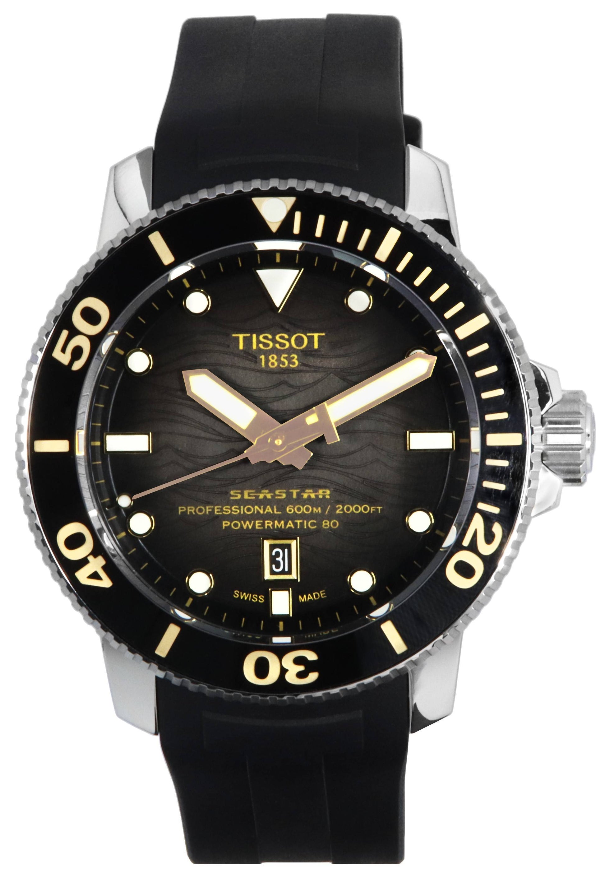 Tissot T-Sport Seastar Automatic movement White Rubber Male T120.607.17.441.01. A brand-new Tissot T-Sport watch featuring a White dial and a Rubber strap. Side view.