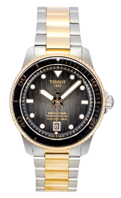 Tissot Automatic movement Black Stainless steel Male T120.807.22.051.01. A brand-new Tissot watch featuring a Black dial and a Stainless steel strap. Angled view.