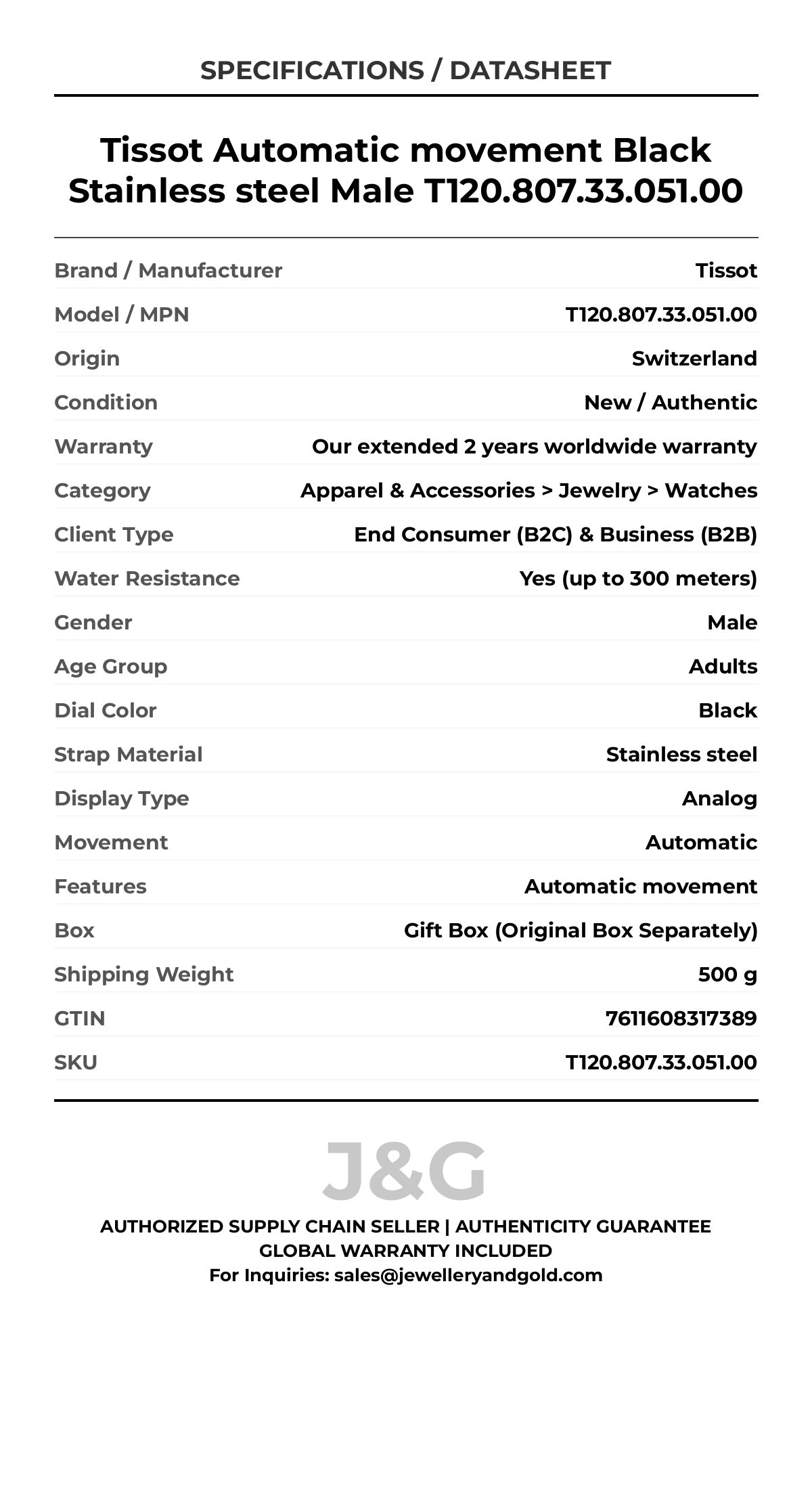 Tissot Automatic movement Black Stainless steel Male T120.807.33.051.00 - Specifications